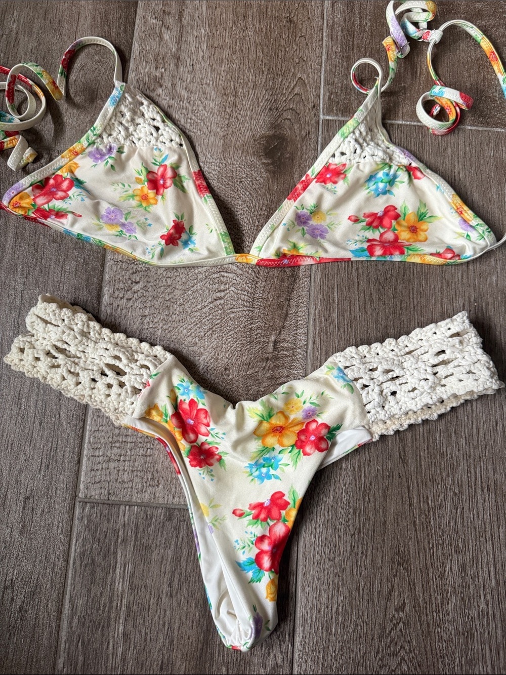 Frankie's Bikinis Cream Floral Crochet-Trim Triangle Bikini